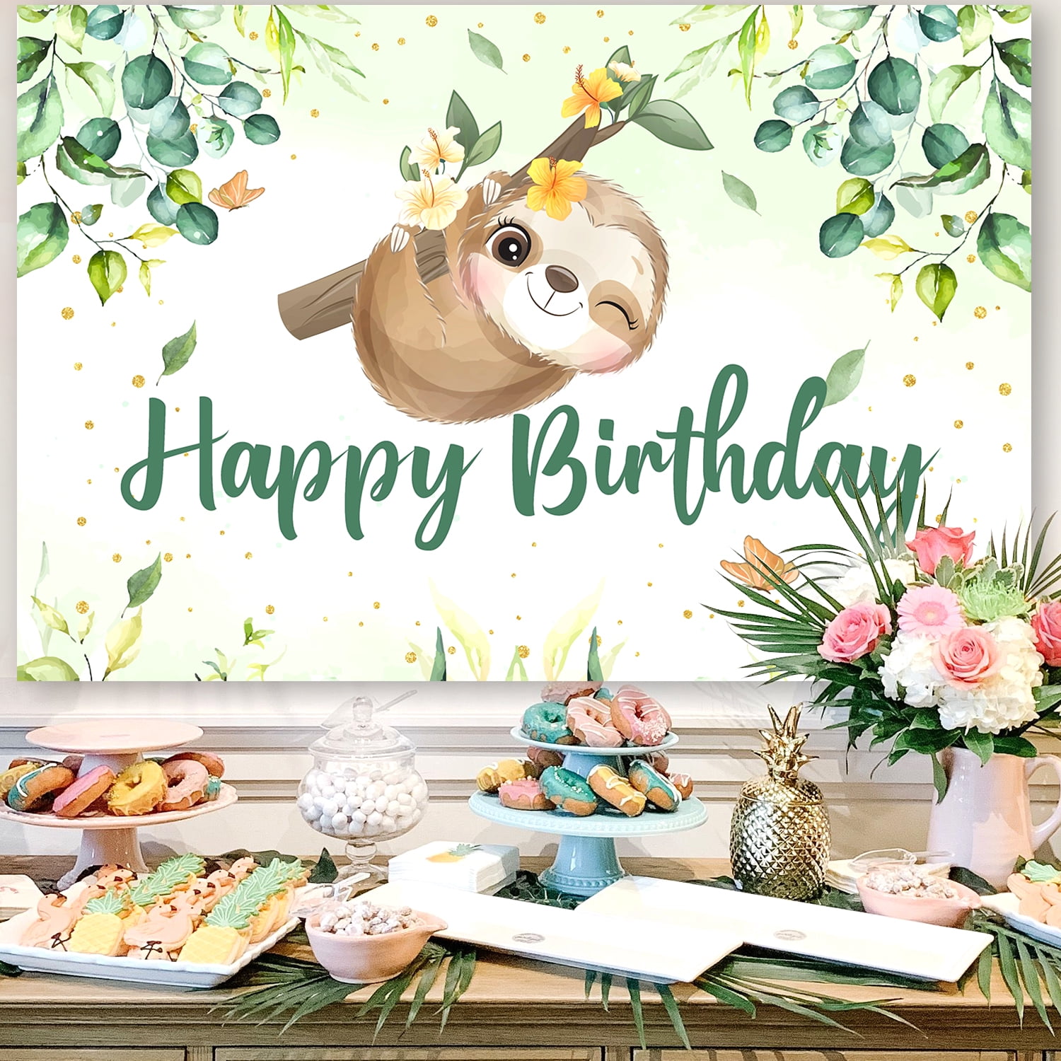 Sloth Theme Birthday Decorations, Sloth Happy Birthday Backdrop Green Brown Balloon Arch Kit for Kids Tropical Jungle Animal Themed 1st/2nd/3rd/4th Birthday Supplies