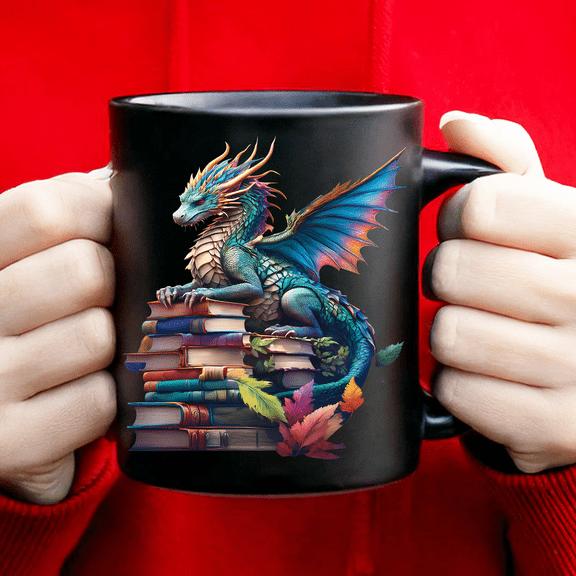 Lotusprinthandmade Dragon And The Books Black Ceramic Mug (11oz) (Made In US), Fantasy Dragon Reading Coffee Mug