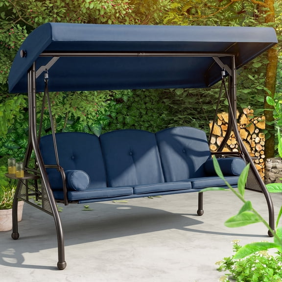 3-Seat Outdoor Patio Swing Chair, Swing Glider with Removable Cushion and Convertible Canopy, Ideal for Deck, Patio, Garden