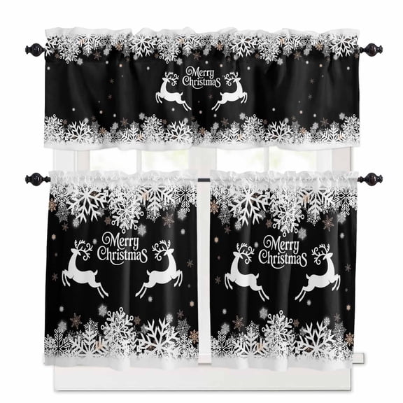 Merry Christmas Deer Kitchen Curtains and Valances Set, Winter Snowflake Reindeer Snow Black Rod Pocket Window Valance Window Curtain Panels for Living Room Bedroom Laundry, 27.5x24in, 3 Pieces