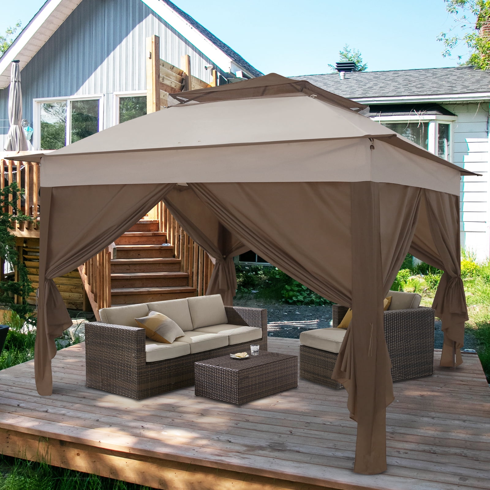 COOS BAY 11x11 Pop-up Instant Gazebo Tent with 4 Sidewalls Outdoor Canopy Shelter,Beige