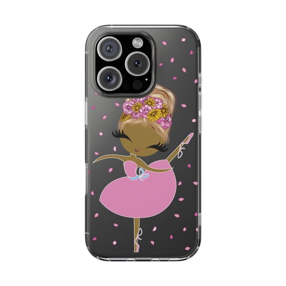 DistinctInk Clear Hybrid Case for Apple iPhone 16 Pro (6.3" Screen) - Ballerina Dancing in Flower Petals - Wireless Charging Compatible