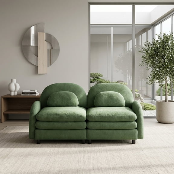 Teddy Fabric Cloud-Like Loveseat Sofa - Curved Design, Double-Layer Cushions, Green