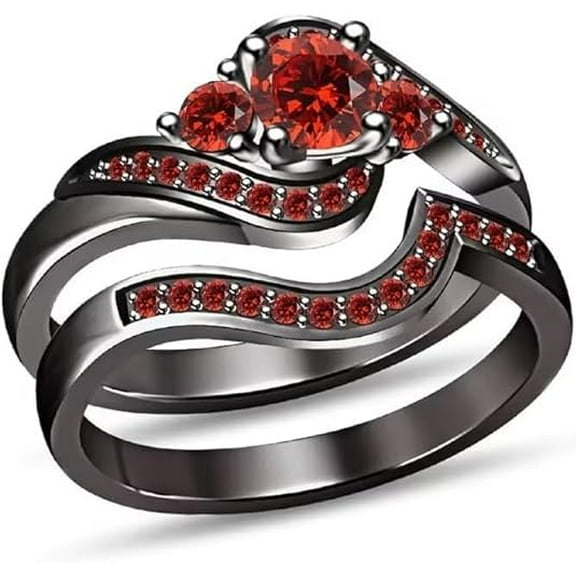 beryl_creation 2.80 Ct Round Cut Red Ruby Wedding Engagement Thanksgiving Christmas Bridal Ring Set 14K Black Gold Plated 925 Sterling Silver For Women's -6