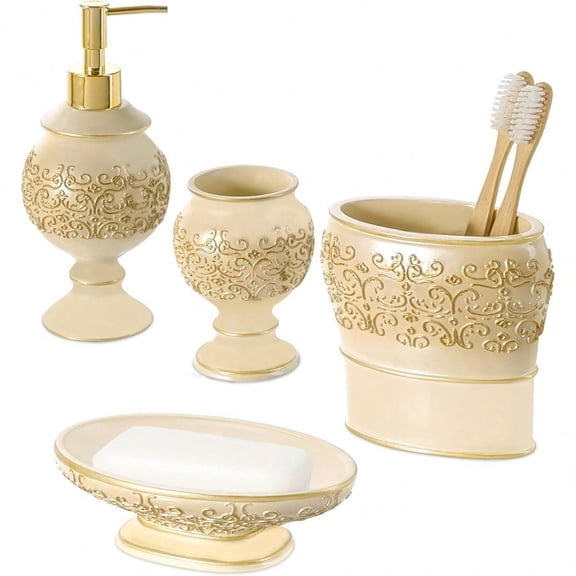 Shannon Beige Bathroom Accories Set 4-Piece Bathroom Set - Decorative Bathroom Accory Set Features: Soap Dispenser Toothbrush Holder Tumbler and Soap Dish Gift Packaged
