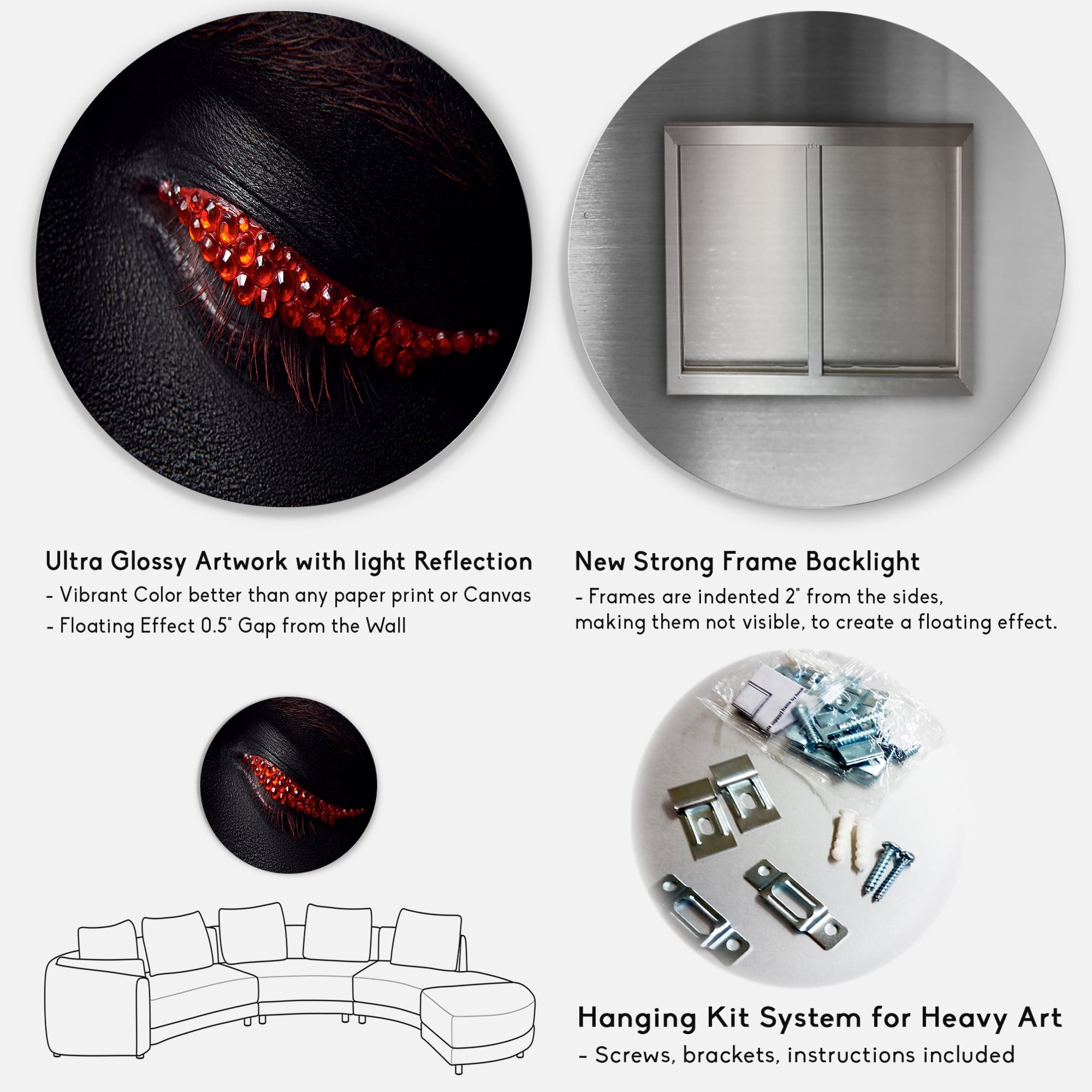Designart 'Beautiful Black Skin Female Eye With Red Diamonds' Modern Circle Metal Wall Art 29x29 - Disc of 29