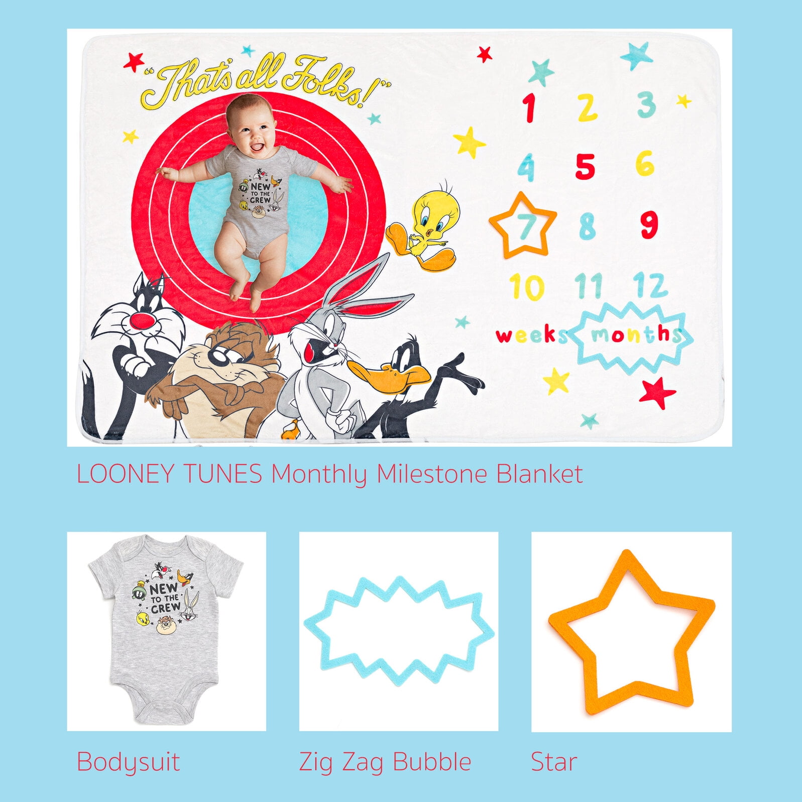LOONEY TUNES Tweety Bird Daffy Duck Tasmanian Devil Newborn Baby Boys Bodysuit and Monthly Milestone Blanket 4 Piece Layette Set Newborn