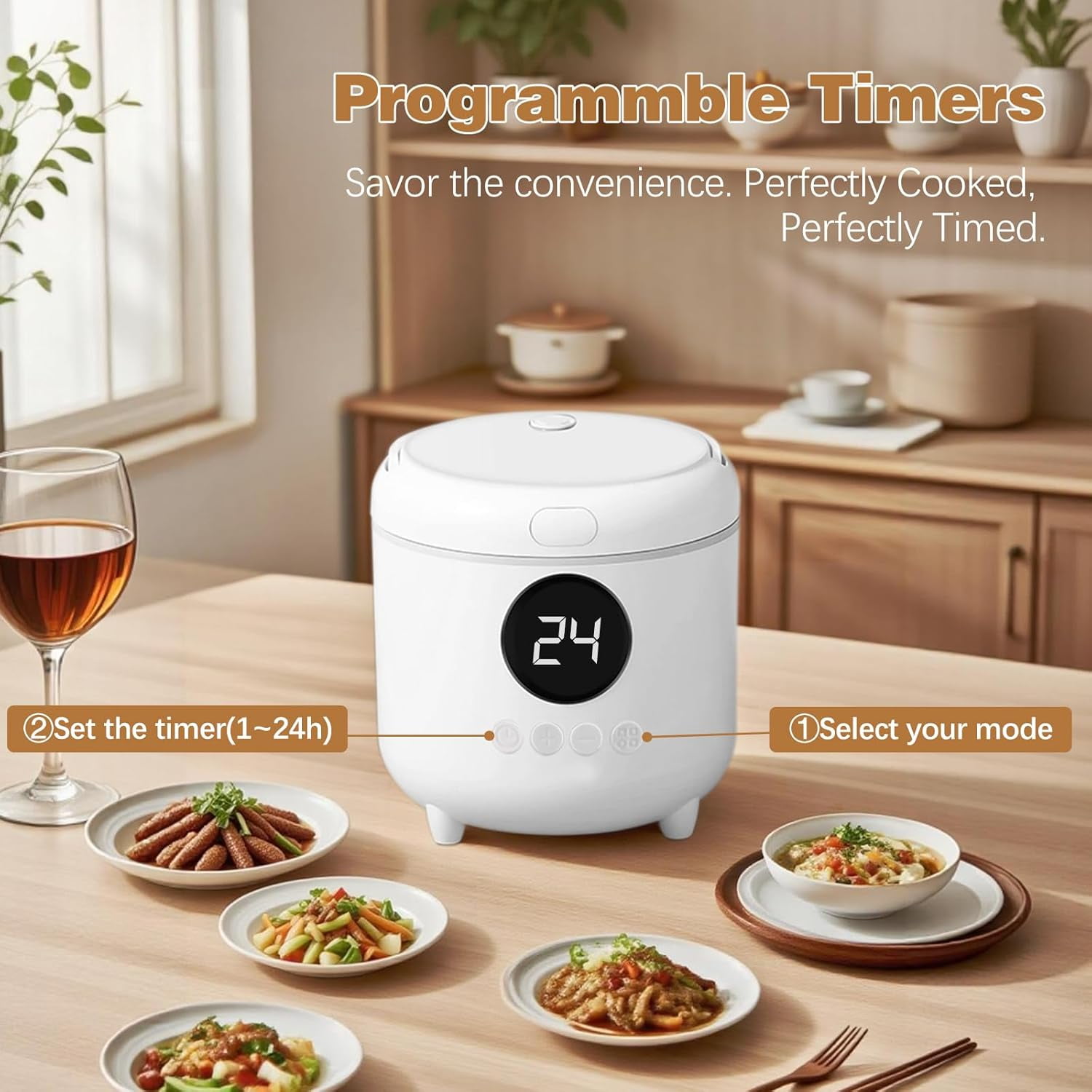 Rice Cooker with Timer for 1-2 People, 2-Cup Uncooked Capacity, 6 Modes for Rice & Oatmeal, Nonstick Pot