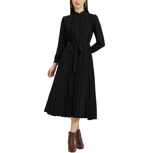 INSPIRE CHIC Robe Chemise Plissée pour Femmes Manches Longues Col Montant Fluide Décontractée Midi m Noir