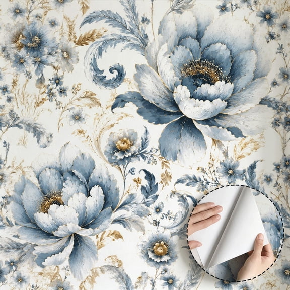 Vintage Blue Floral Wallpaper Elegant Botanical Peel and Stick Wallpaper Waterproof Self Adhesive Wall Decoration for Bedroom Living Room Bathroom Kitchen Cabinet 17.7 * 78.5 in