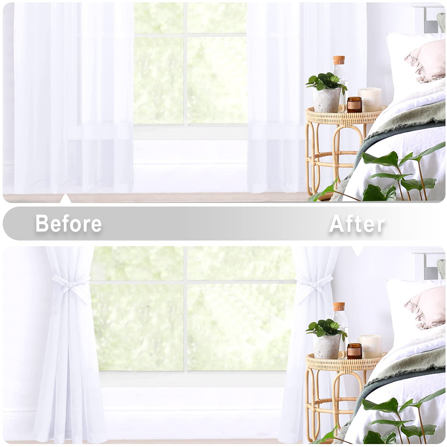 Hiasan White Sheer Curtains with Tiebacks-Light Filtering Contemporary Window Drapes for Living Room, Bedroom, Grommet, 42" x 96", Set of 2