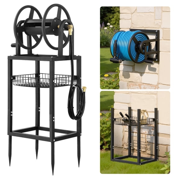 KFFKFF Freestanding Garden Hose Reel, Fits 125 Feet of 5/8-inch Hose, Wall or Ground Mount, Removable Holder Stand with Storage Shelf, 5 ft Connector Hose, Brass Fitting, 4 Ground Stakes