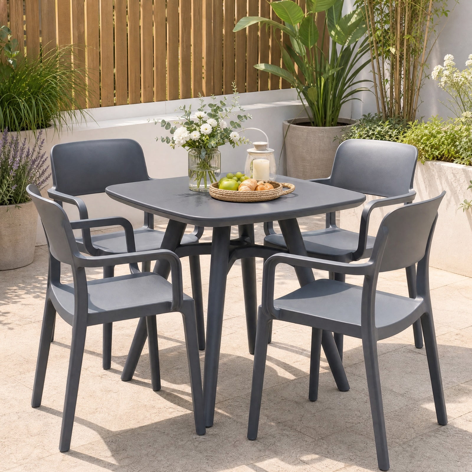 Furnibear Square Outdoor Dining Table for 4 All Weather Plastic Patio Bistro Table with Thick Top and Anti Slip Foot Pads, Gray
