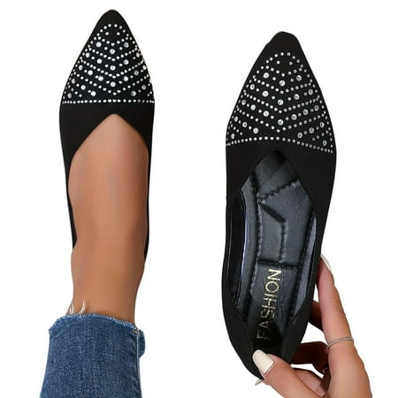 

WQJNWEQ Women s Flats Shoes Leisure Fashion Versatile Casual Single Shoes Bottom Pointed Hinestone Solid Color Shallow Mouth Slip on Casual Shoes Comfort