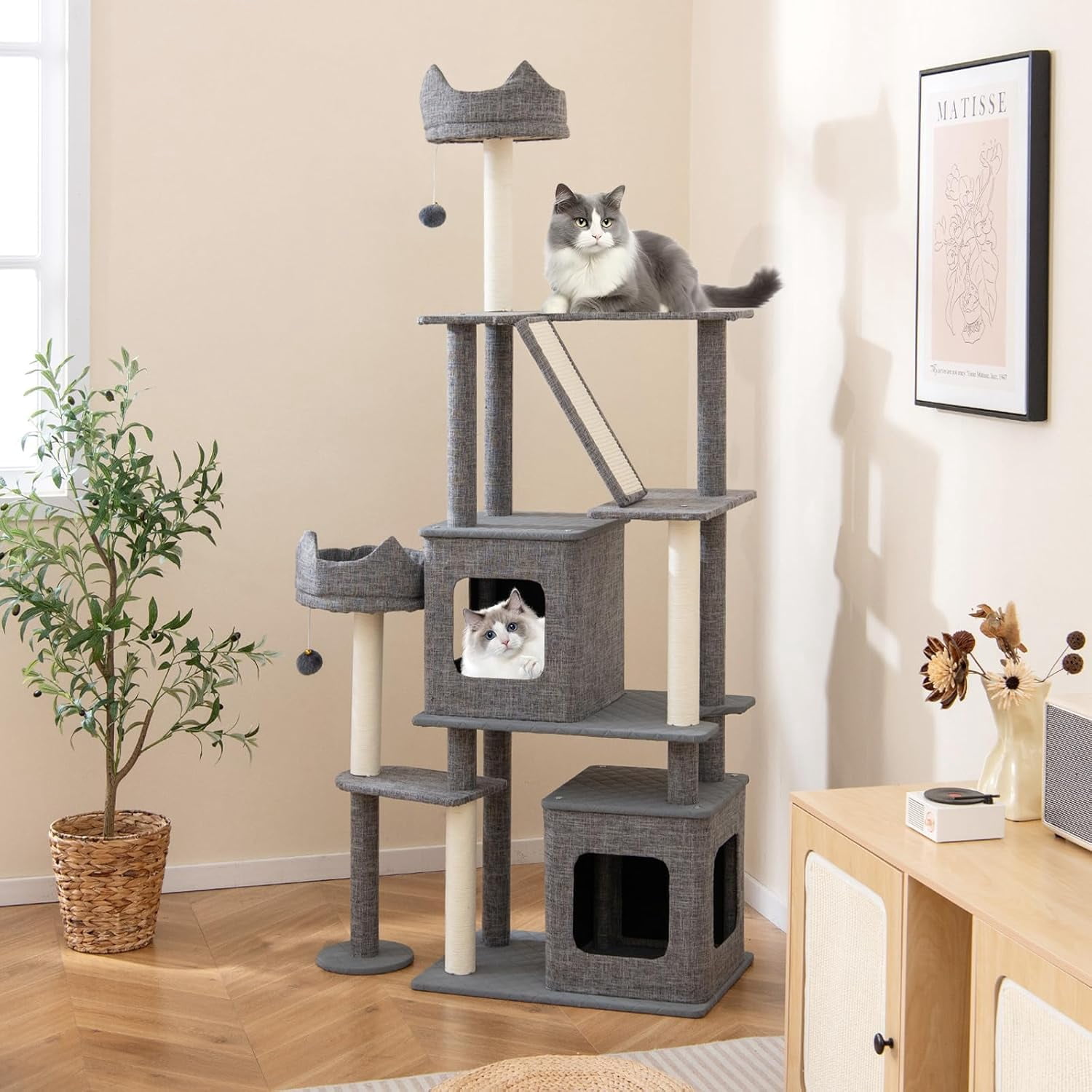 LEHOME 71 Inch Tall Cat Tree, Multi-Level Large Cat Tower with Scratching Posts & Sisal Board & Ladder, 2 Removable Condos, Perch, Bed, Dangling Balls, Modern Linen Fabric Cat Tree for Indoor Cat