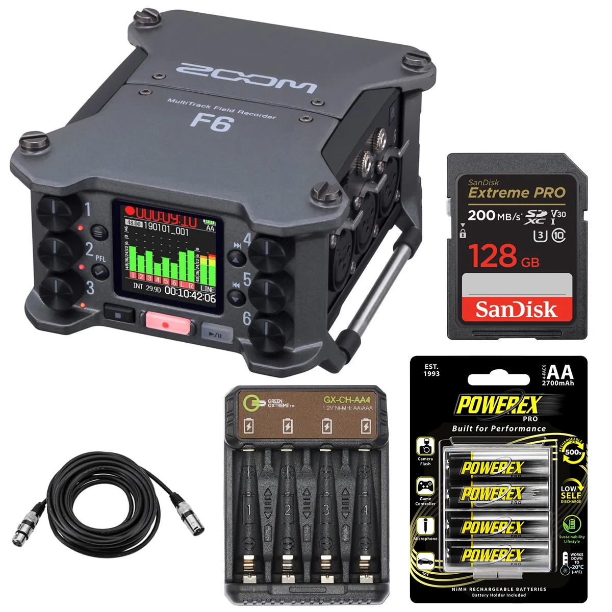 Zoom F6 Multi-Track Field Recorder, Bundle with 128GB SDXC Memory Card, 4x NiMH Battery, 4-Bay Charger and 25' XLR Mic Cable