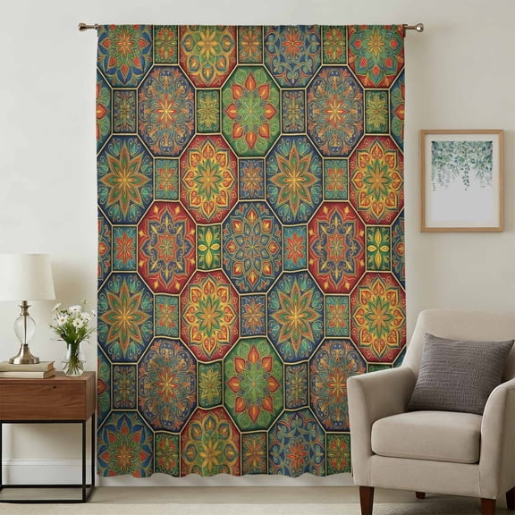 Vintage Boho Sheer Curtains 84 Inches Long, Ethnic Geometric Floral Green Yellow Red Light Filering Curtains, Breathable Simi Curtain Privacy Drapes for Living Room Bedroom Window Treatment