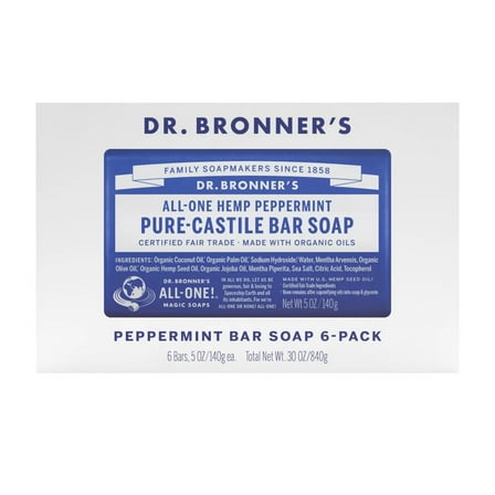 Dr Bronner's Pure Castille Peppermint Bar Soap, 6-pack