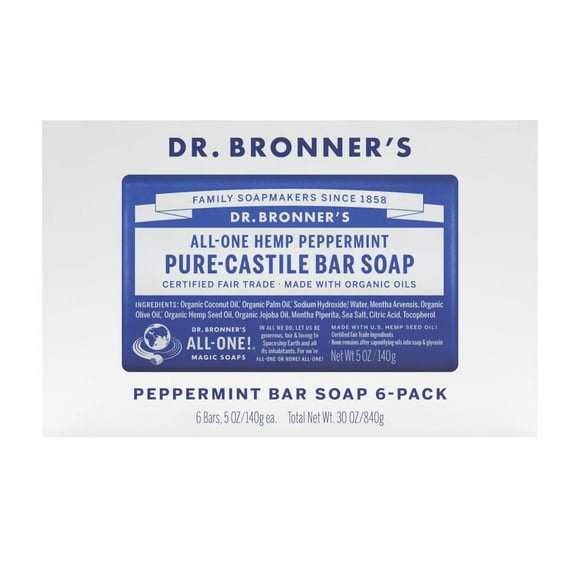 Dr Bronner's Savon en Barre Pure Castille Menthe Poivrée, 5 Onces (Lot de 6)