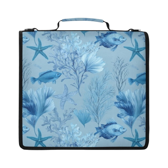 Zipper Binder with Shoulder Strap 2 inch 3 Ring Waterproof File Folder Organizer Bag 500 Sheet Light Sky-blue Marine Life
