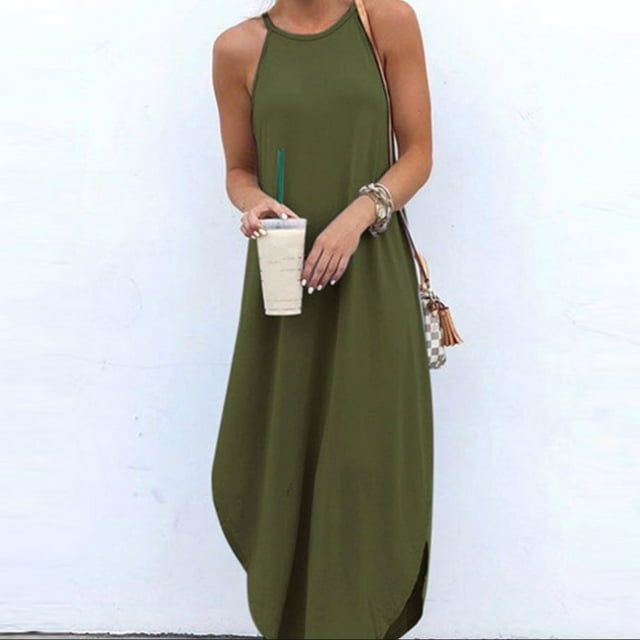 Pisexur Robe d'Été pour Femme Ample Unie en Coton et Lin Robe Chemise Sans Manches à Col Licou à Volants Superposés Décontractée Bohème Fluide Robe Maxi