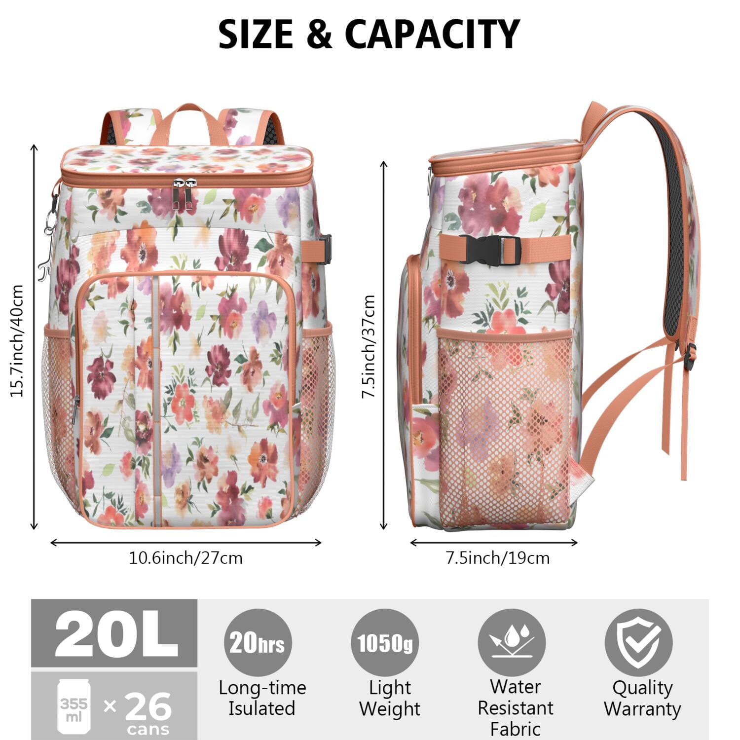 Travel Cooler Bag - Pioneer Flower Floral Print Pattern Camping Beer Cooler Backpack with Bottle Opener- Waterproof Insulated Picnic Backpacks - Cooler Bag for Beach