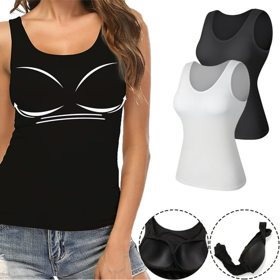 QRIC Tank Tops with Built in Bras for Women Wider Strap Stretch Camisoles Activewear of 2 Pack
