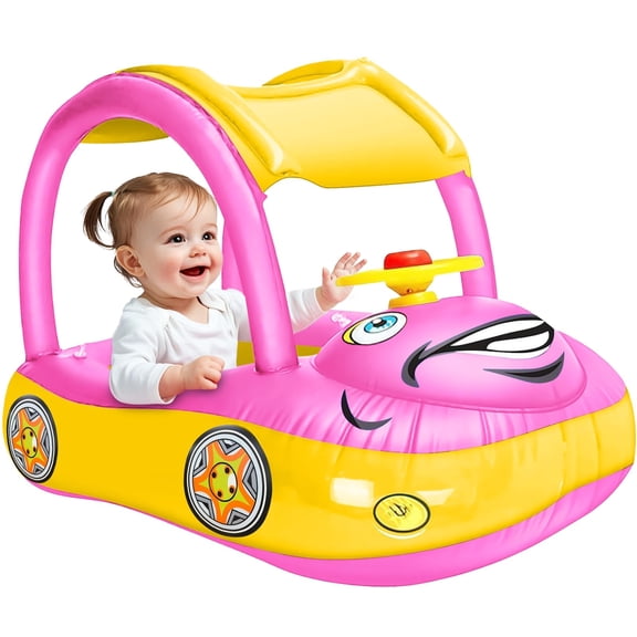 Inflatable Baby Pool Float with Canopy, Safty Seat for Infant Baby Swim Float Rings Car Shaped Swimming Pool Floaties for Babies Toddler Age of 6-36 Months