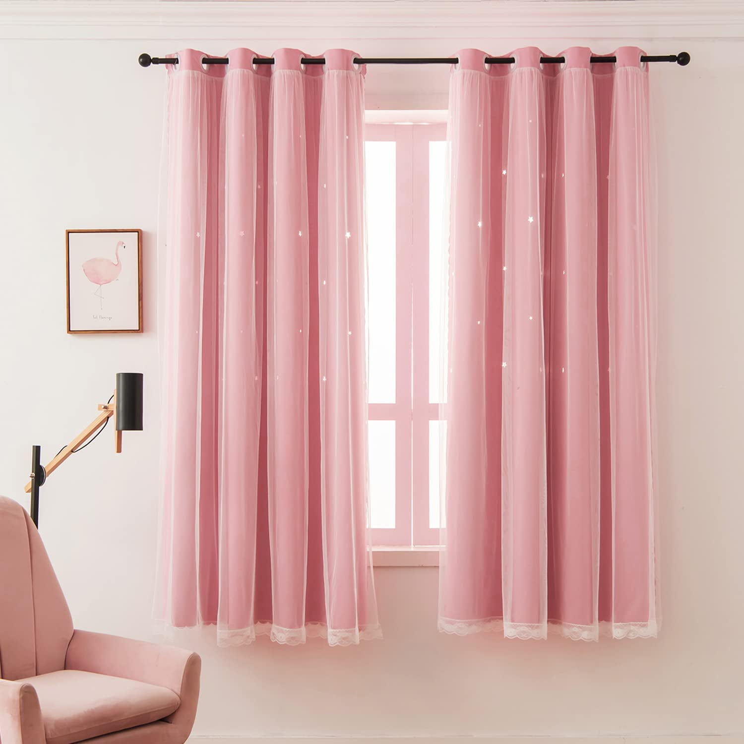 Lapalife Stars Blackout Curtains for Girls Bedroom, Double Layer Star Cut Out Curtains Nursery Home Decor, 1 Panel, Baby Pink, 51''x 63''