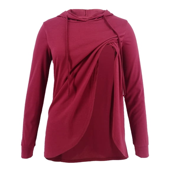 GigrtiJin Maternity Hooded Blouse Solid Color Drawstring Long Sleeve Slit Tunic Women Postpartum Breastfeeding Tops