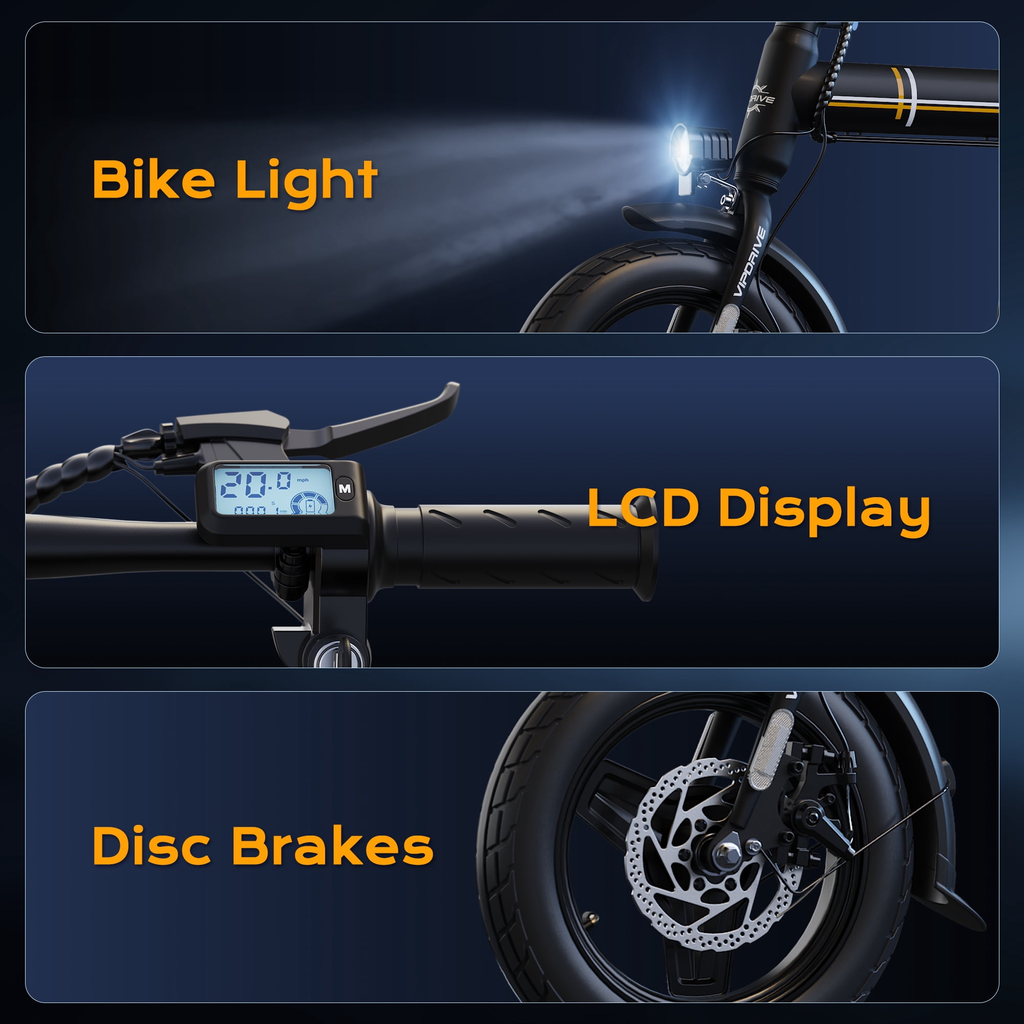VIPDRIVE Electric Bike, 14" Folding EBike for Adults, 500W Peak Motor, 36V 7.8Ah Battery, 20MPH City Commuter E-Bike, Mini Ebike, LCD Display, UL2849