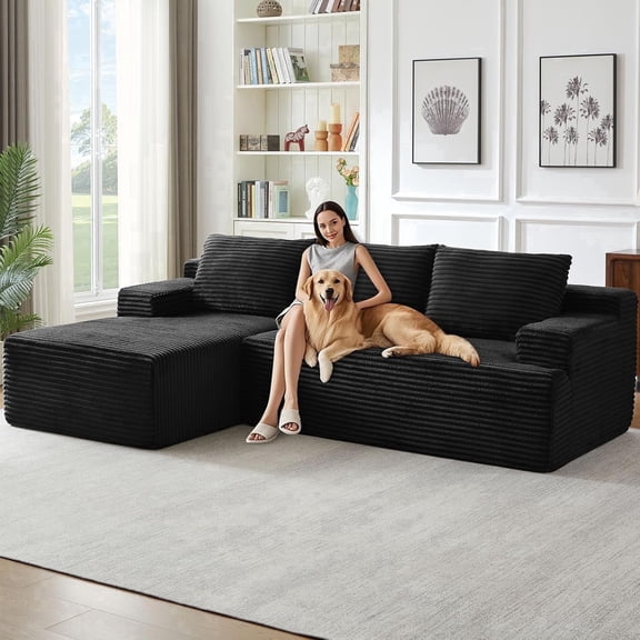 96''Sectional Couches for Living Room Modern Modular Sectional Sofa Upholstered Boneless Couch Comfy Cloud Couch with Chaise 2Pillows (Black, 96''W Left Facing Chaise)
