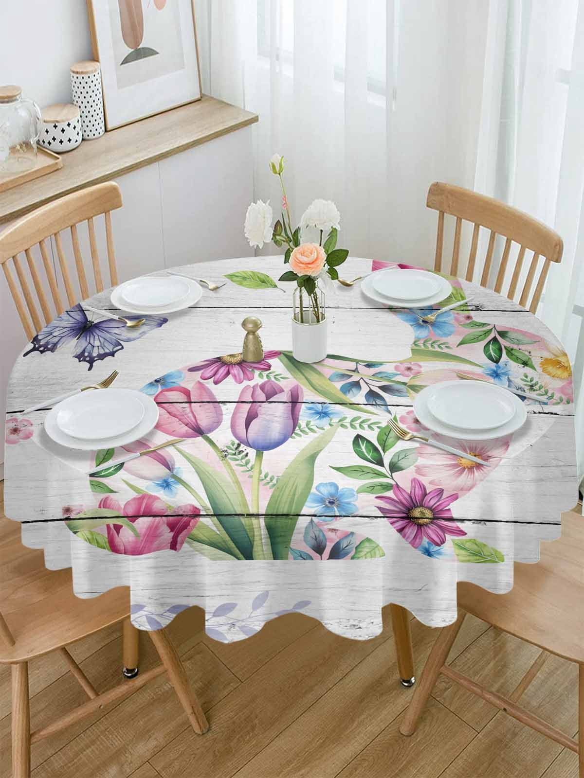 Round Tablecloth Happy Easter Waterproof Oil Proof Polyester Table Cloth Cover Decor for Home Dining Outdoor,Patio,Parties, 60" Dia. Spring Floral Rabbit Bunny Rustic Wood