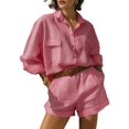 thumbnail image 2 of Jaimenalin Womens Solid Color 2 Piece Outfits Long Sleeve Lapel Button Loose Fit Top Mini Shorts Summer Set Pink L, 2 of 5