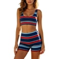 thumbnail image 3 of Matching Sets for Women Striped Fold Over Boho Stripe Micro Short Sets Women 2 Piece Casual Outfits (Blue,XS), 3 of 6