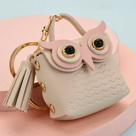 Creative Leather Owl Keychain Bag Pendant Cute Doll Small Coin Purse Key Chain Small Gift for Women - Beige