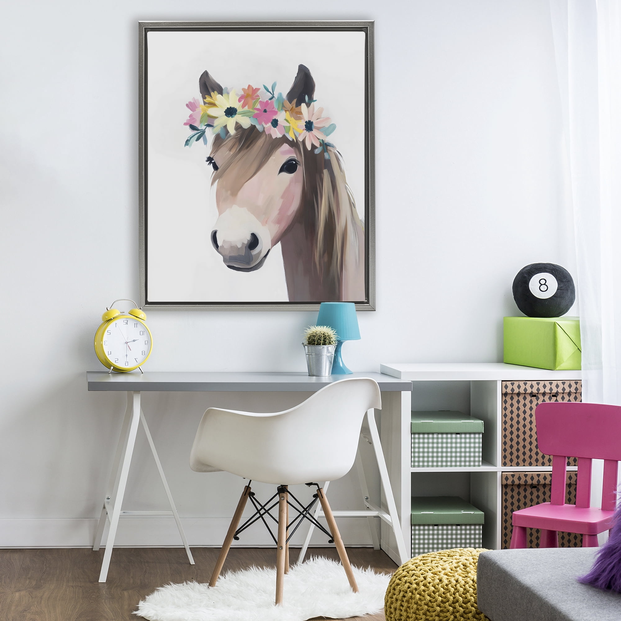 Stupell Industries Flower Crown Horse Gray Framed Floater Canvas Wall Art, design by The Prints Vibe