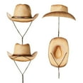 thumbnail image 3 of FL Western Style Round Cowboy Straw Hat Fedora Chin Cord Vegan Leather Band Shapeable Brim Beach, 3 of 4