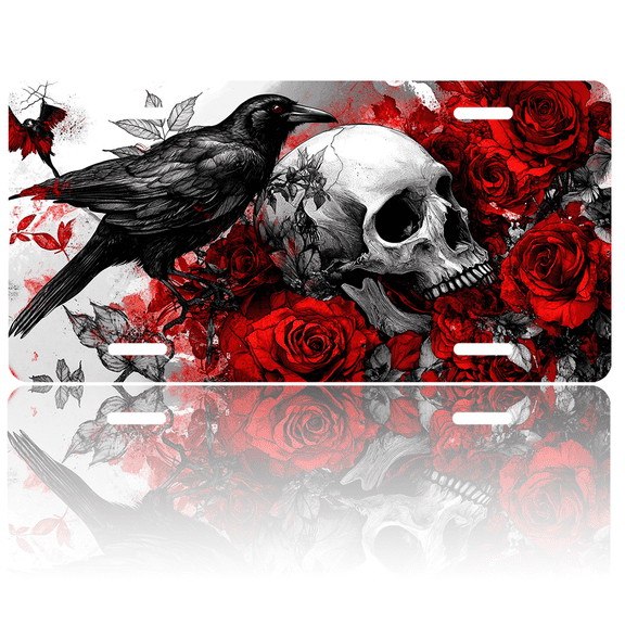 1 Pcs 2D Flat License Plate Covers & Frames, Raven Skull and Roses For Decorative Front, Waterproof For Decoration Aluminum License Plate Covers & Frames Cover For Men Women, 12" X 6"
