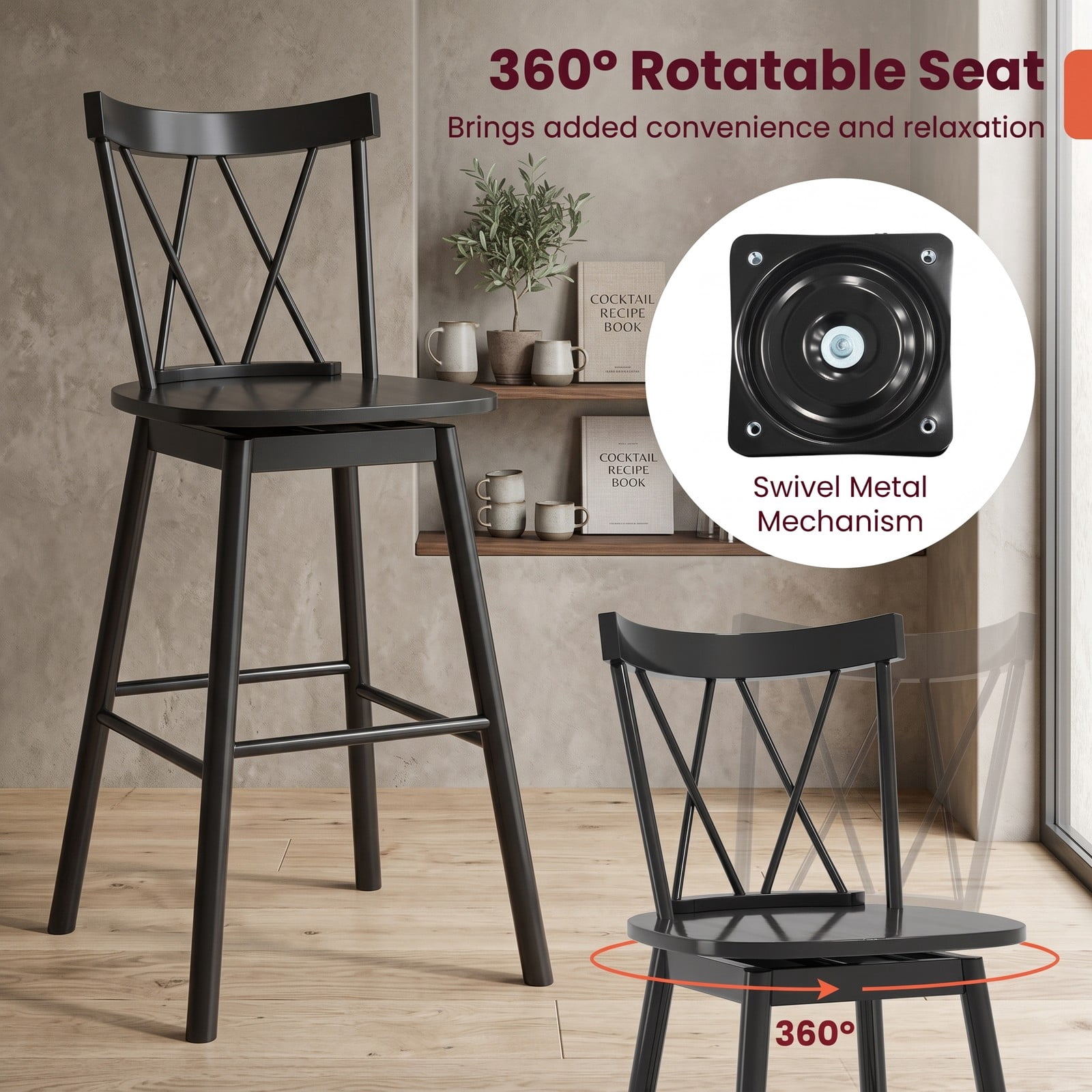 Furnibear Set of 2 Windsor Bar Stools 29 Inch Swivel Counter Height Stools with Ergonomic Backrest and Footrest, Rubber Wood Kitchen Island Dining Chairs, Black