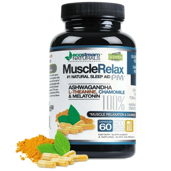 Natural Sleep Aid Muscle Relax PM by Ecostream Naturals– 2300 mg Strength, Non-Habit Forming Nighttime Capsules for Restful Night and Relaxation