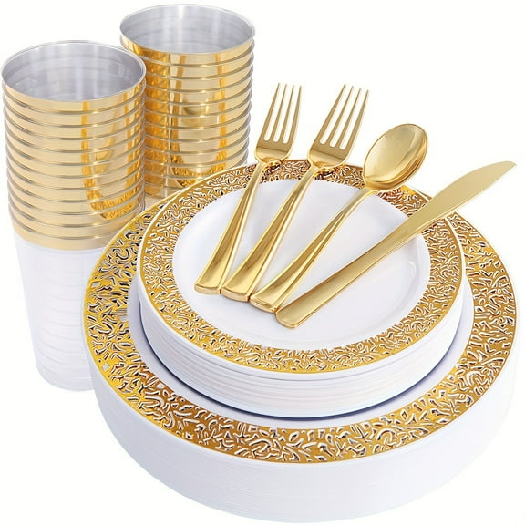 Golden Plastic Dinnerware Set, Reusable Serveware for Christmas, Mother's Day and Special Occasions.