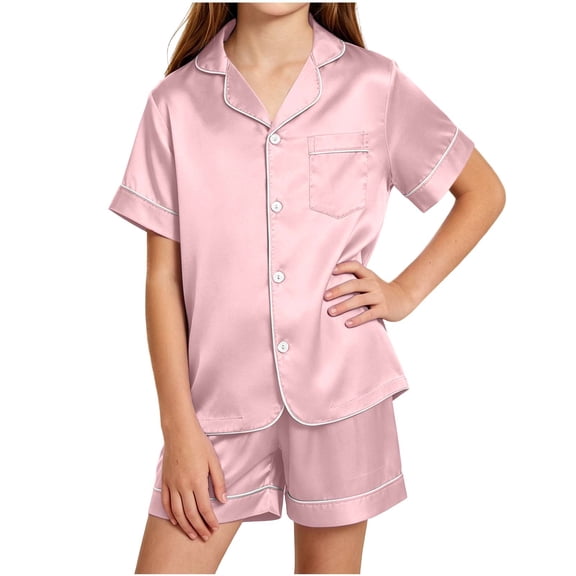 ATOGUTA Girls 2 Piece Lounge Set Size 5T-16 Button Down Shirts and Shorts Casual 2 Piece Home Clothing Set Rose Gold