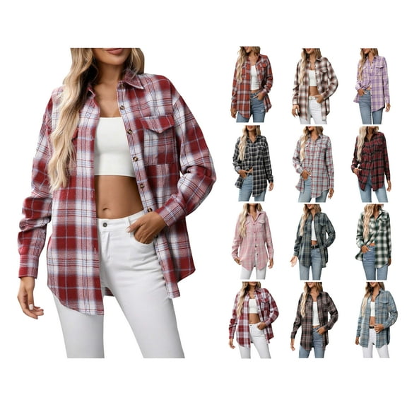 Crunowin Womens Plaid Shirts, Casual 2025 Fall Winter Button Down Shirts with Pocket Orange M