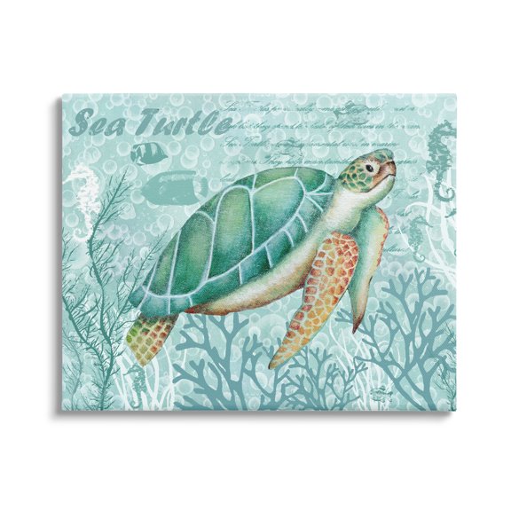 Stupell Industries Coral Bordered Sea Turtle Seahorse Script Calligraphy Graphic Art Gallery Wrapped Canvas Print Wall Art, Design by Emma Leach