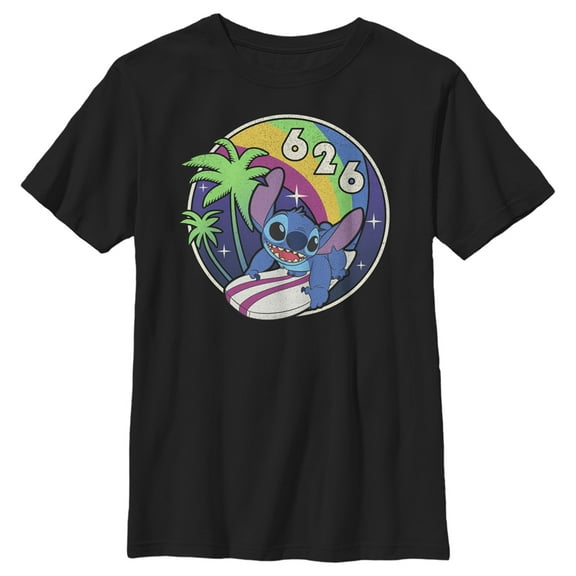 Boy's Lilo & Stitch Retro Rainbow Surfboard Graphic Tee Black Large