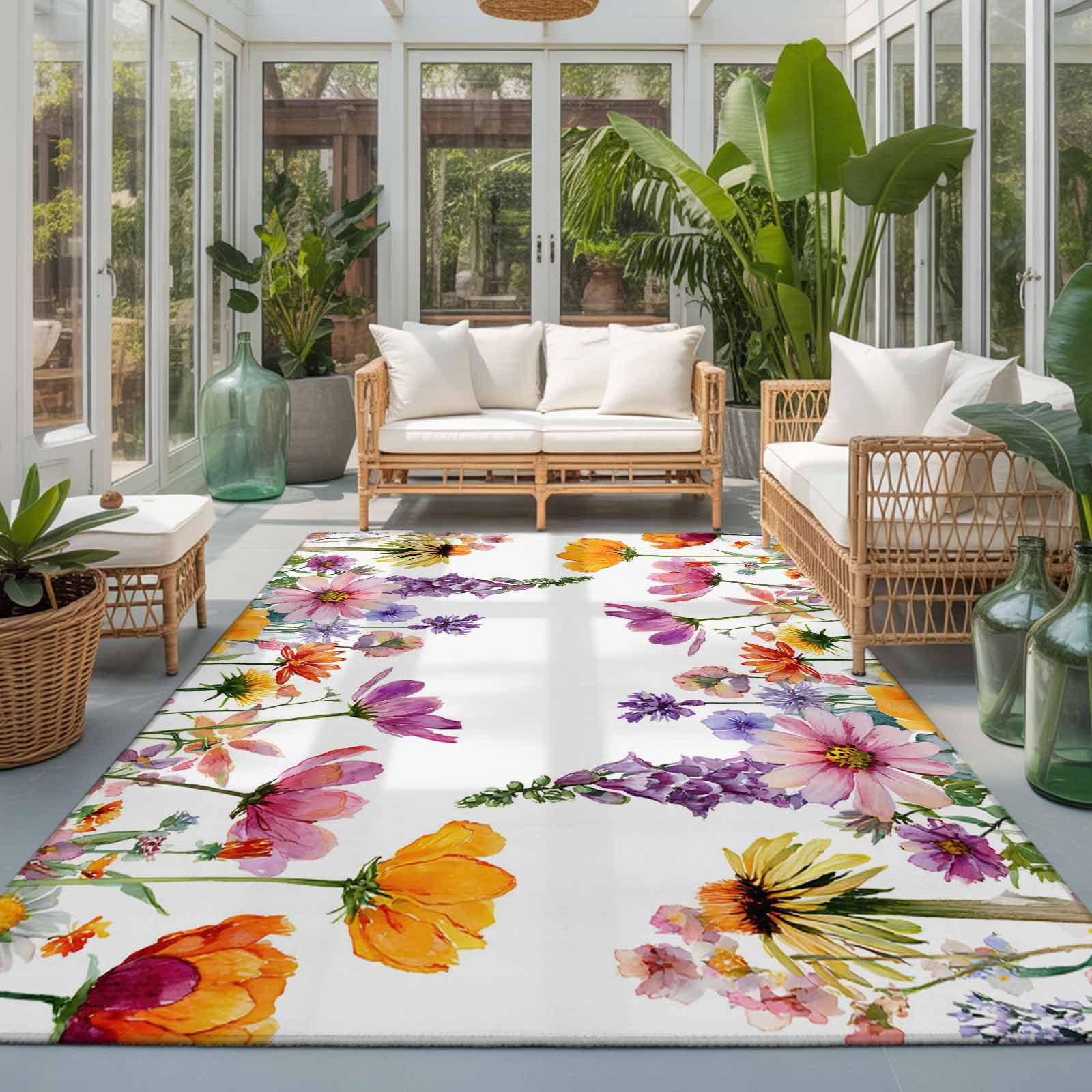 Large Area Rugs 6'x9', Pink Flowers Carpet Runner Indoor Outdoor Rugs Home Decor Aesthetic, Elegant Spring Floral Pastoral Watercolor Non Slip Mats Washable Accent Rug for Living Room Bedroom