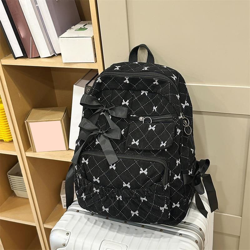 Yucurem Large Capacity Corduroy Backpack with Bow, Lightweight 15.75 inch Laptop Bag for Women, Aesthetic Daypack for College Travel (Black)