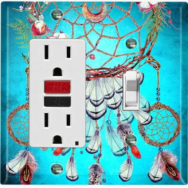Metal Light Switch Plate Cover Beaded Feather Dreamcatcher Teal DRM005