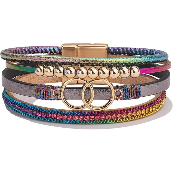 JennyShop Stackable Infinity Bracelets Jewelry Gift Mom with Magnetic Clasp, Fashion Wrap Bracelets Leather Cuff Bangle Gold Beaded Bracelets for Women
